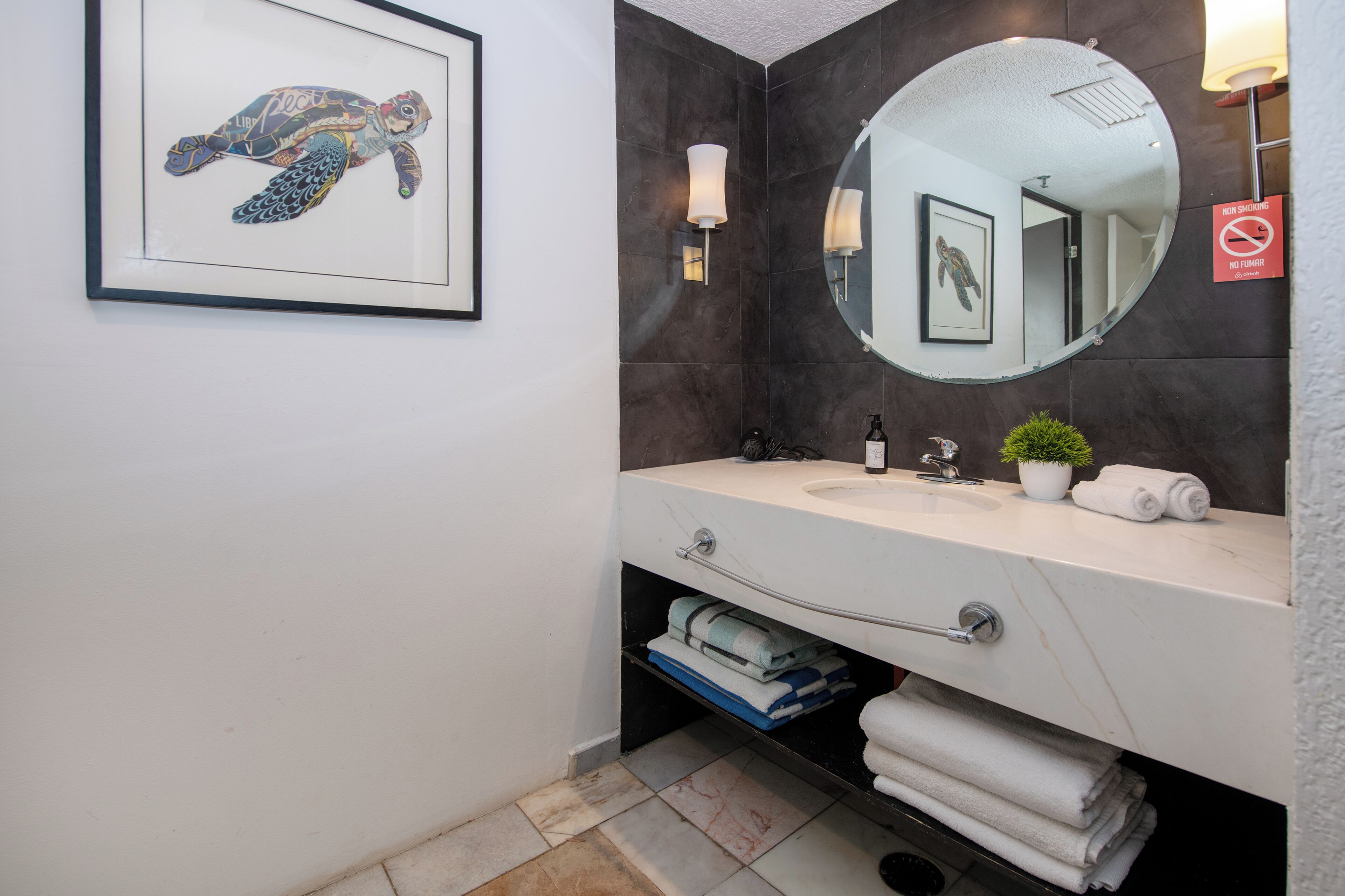 A bathroom with a large mirror, a framed artwork of a sea turtle, a sink, a towel rack, and a small potted plant.