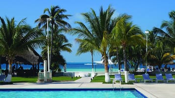 Outdoor pool, pool umbrellas, pool loungers