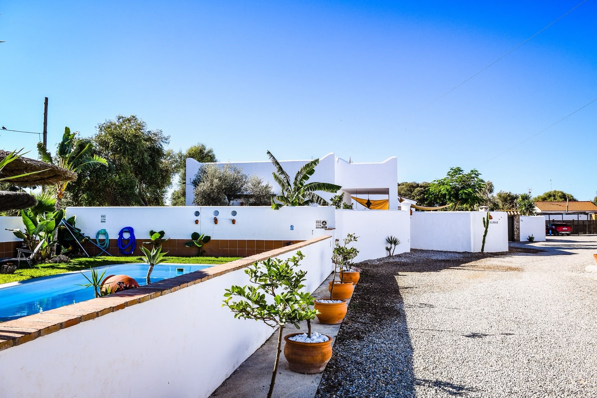Zona residencial amb piscina, plantes en testos i un edifici blanc.