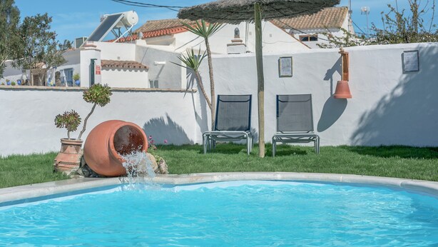 A swimming pool with a thatched umbrella, a chair, and a planter.