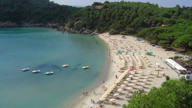 A beach with boats, umbrellas, and a forested hill.
