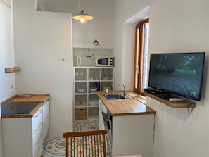 A compact kitchen with a microwave, sink, and wooden countertop. A television is mounted on the wall, and a chair is visible in the foreground.