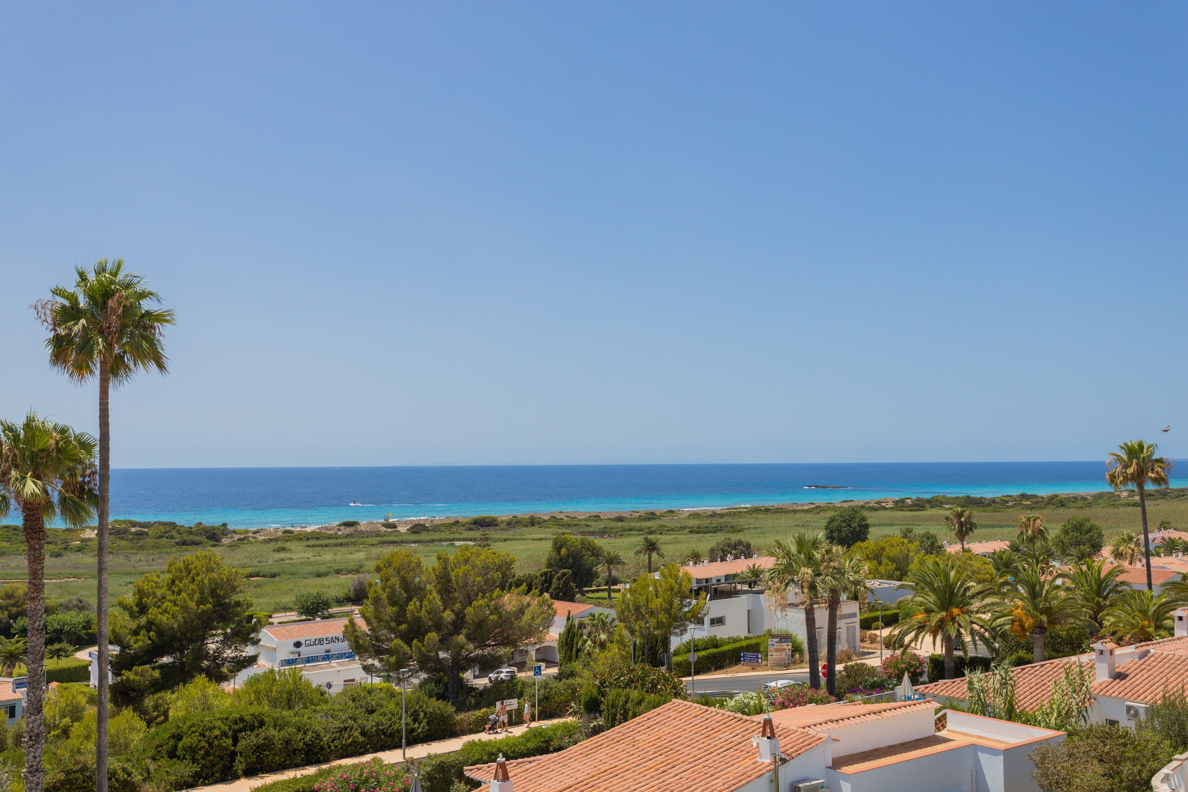 Zona residencial costera con casas, palmeras y vista al mar.