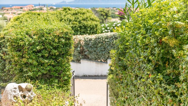Ein Weg, umgeben von üppiger Vegetation, führt zu einem weißen Gebäude mit Blick auf das Meer und ferne Berge.