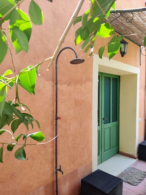 Un pommeau de douche fixé au mur, une porte verte et un banc en osier.