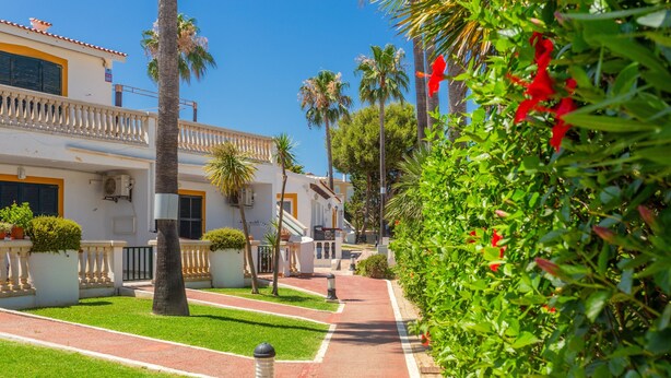 A pathway lined with greenery and palm trees, leading to a building with a balcony and a white facade. - Beautiful apartment with porch, pool, garden and Wi-Fi (Son Xoriguer)