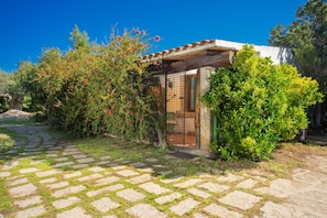 A stone-paved pathway leading to a building with a tiled roof and a door, surrounded by lush greenery and trees.