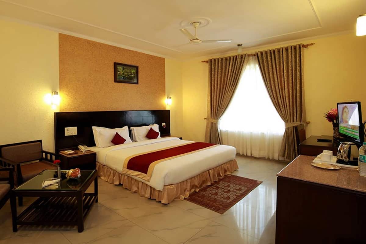 A hotel room with a bed, a desk, a chair, a TV, and a window with curtains.