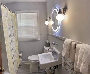 Combined shower/tub, hair dryer, towels, soap