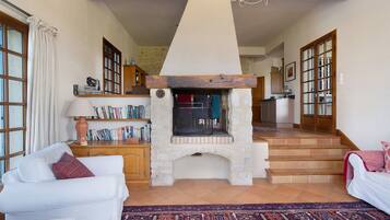 Televisión, chimenea, reproductor de DVD y tenis de mesa