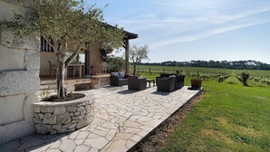 A stone patio with outdoor furniture, a tree, and a vineyard in the background. - La Maison – Spacious Country Home with Pool and Lush Garden (Villeneuve de Duras)