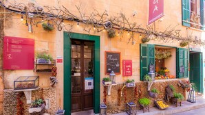 Ein Restaurant mit grüner Tür, Außenbereich mit Laternen sowie verschiedenen Pflanzen und Dekorationen.