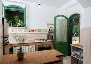Fridge, oven, stovetop, coffee/tea maker