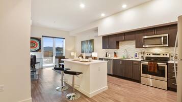 Luxury Apartment, 1 Bedroom | Private kitchen | Full-size fridge, microwave, oven, stovetop