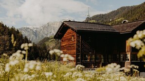 A wooden cabin with a sloped roof, surrounded by a field of white flowers, and mountains in the background. - Luxurious Chalet with Jacuzzi, Dreamlike Interior, Wi-Fi and Garden (La Valle Agordina)