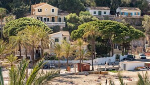 A coastal residential area with houses, palm trees, and a sandy beach. - Villa on the Beach with Sea View in Port de Soller. Garden and Wi-Fi (Sóller)