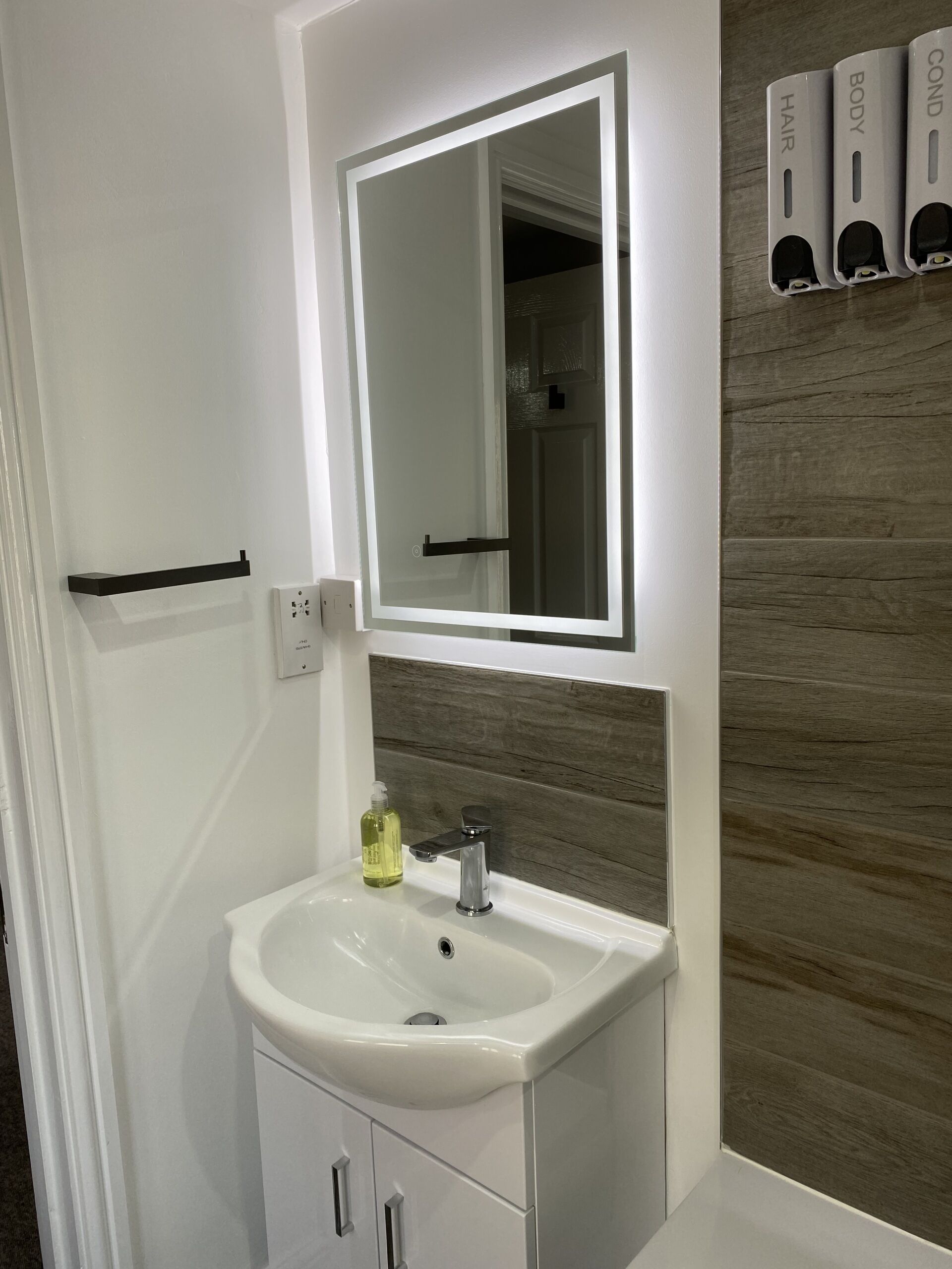 Un baño con un lavamanos blanco, un espejo y una pared de madera. Hay tres botellas de desinfectante para manos, cabello y cuerpo en la pared.