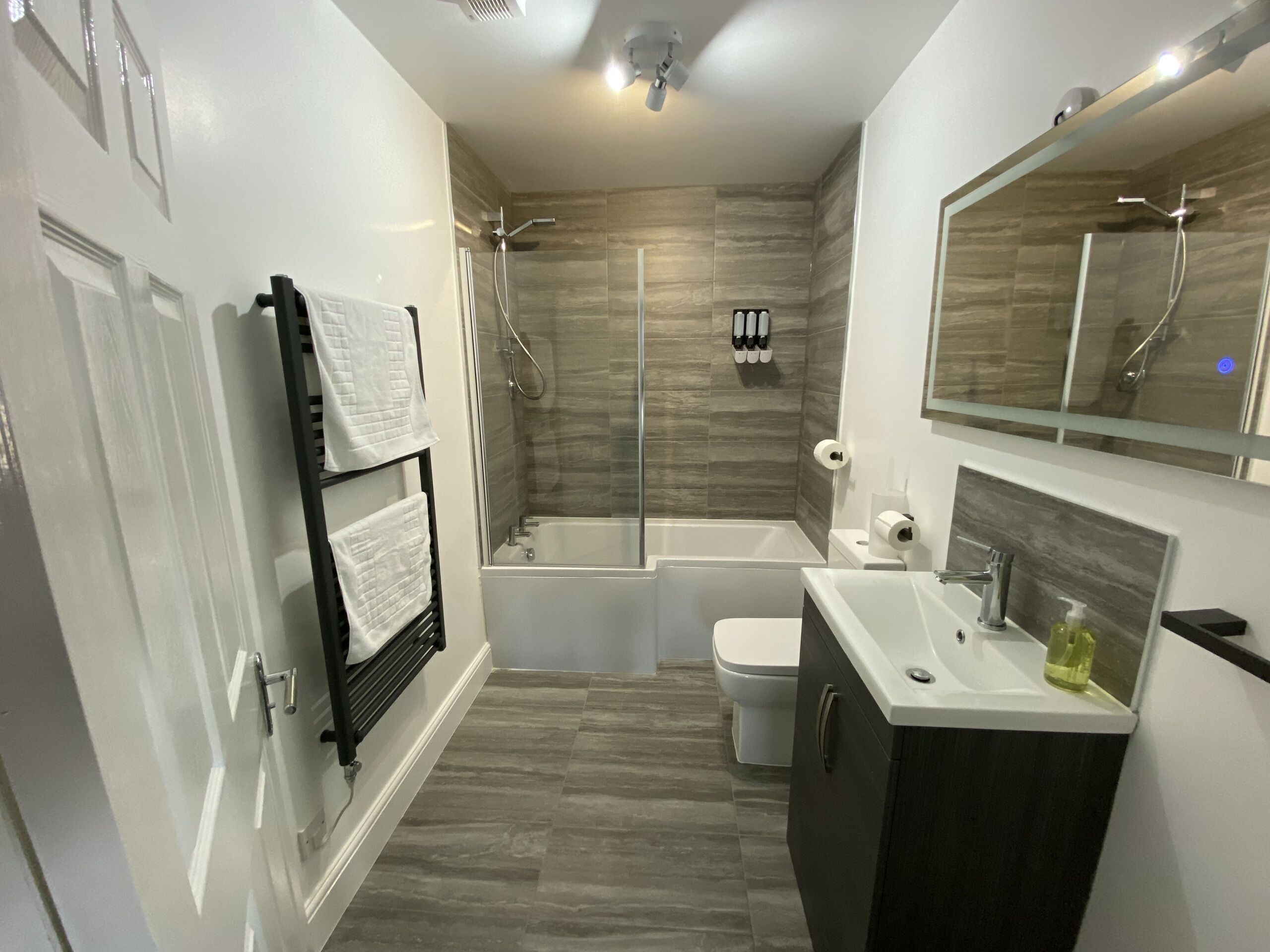 A modern bathroom with a walk-in shower, a bathtub, and a toilet.