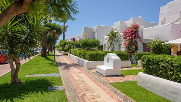 A pathway lined with white buildings, green hedges, and palm trees. - Air-Conditioned Vacation Home in Villa Complex with Pool, Beach, Spa, Gym & Wi-Fi (Estepona)