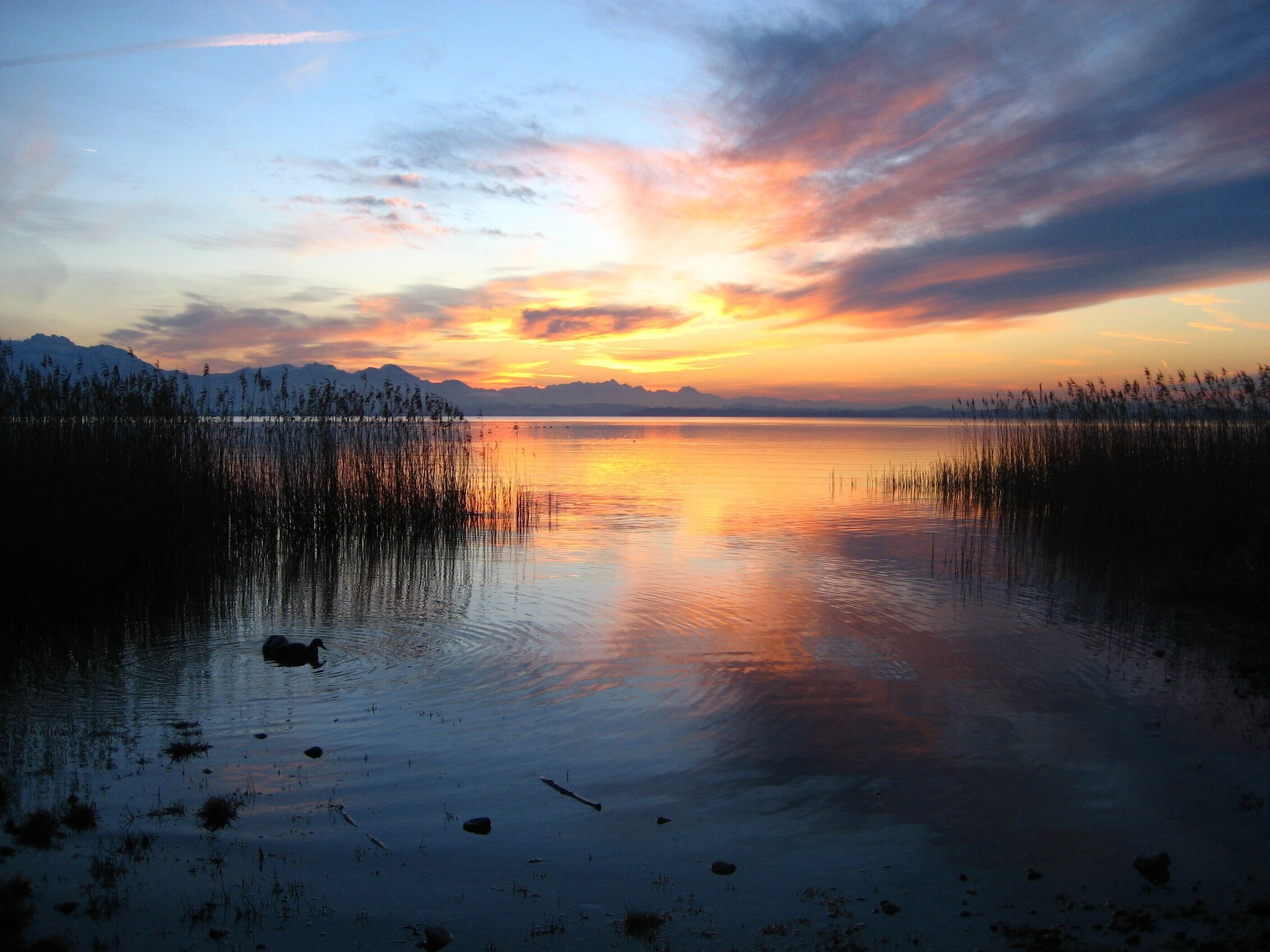 Ein ruhiger See bei Sonnenuntergang, im Hintergrund Berge.