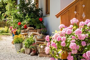 En have med forskellige krukker og blomster foran en bygning.