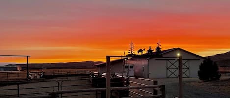 A rural barn at sunset with a fenced area and a few horses.