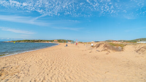 A sandy beach with a clear sky, a few people, and distant buildings.