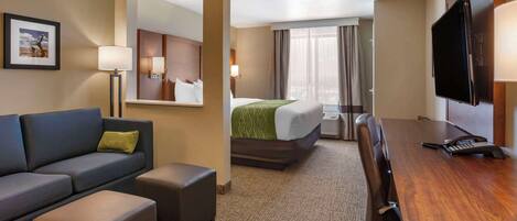 A hotel room with a bed, a desk, a television, a sofa, and a chair.