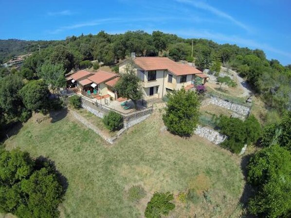 A hillside property with a main house and a smaller structure, surrounded by greenery and trees.