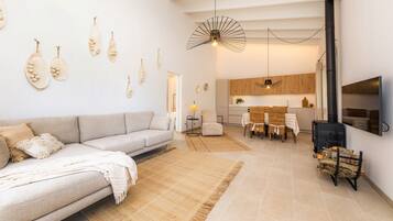 Una televisión, una chimenea, un reproductor de DVD