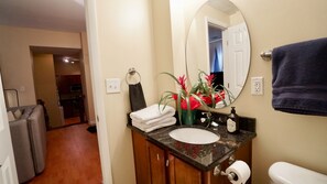Modern bathroom with a large mirror, sink, and toilet, plus a small potted plant.
