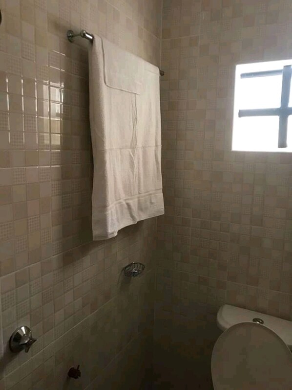 Une salle de bain avec des toilettes, une serviette suspendue à un porte-serviettes et une fenêtre.