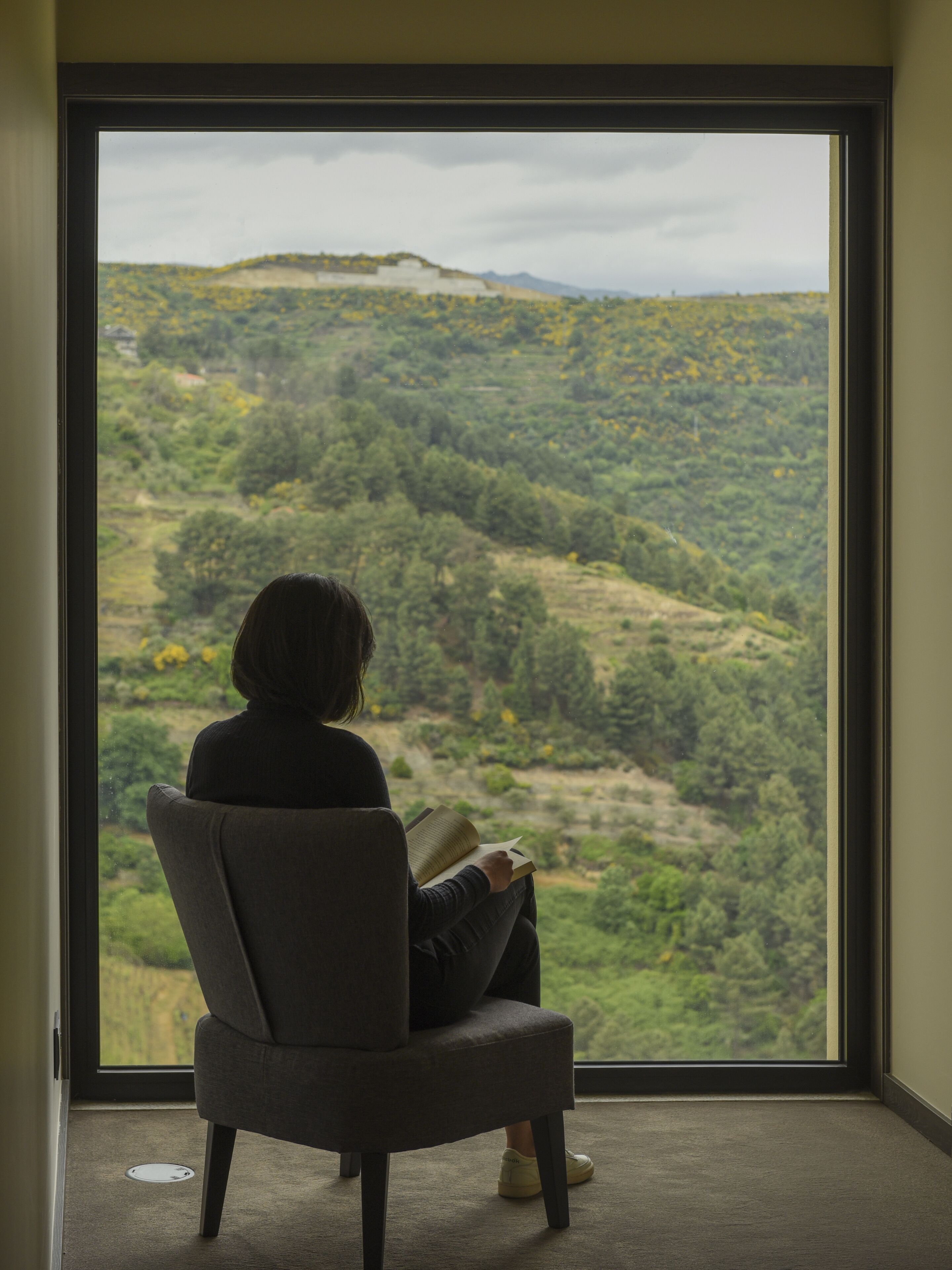 A person sitting in a chair by a large window with a view of a green landscape.