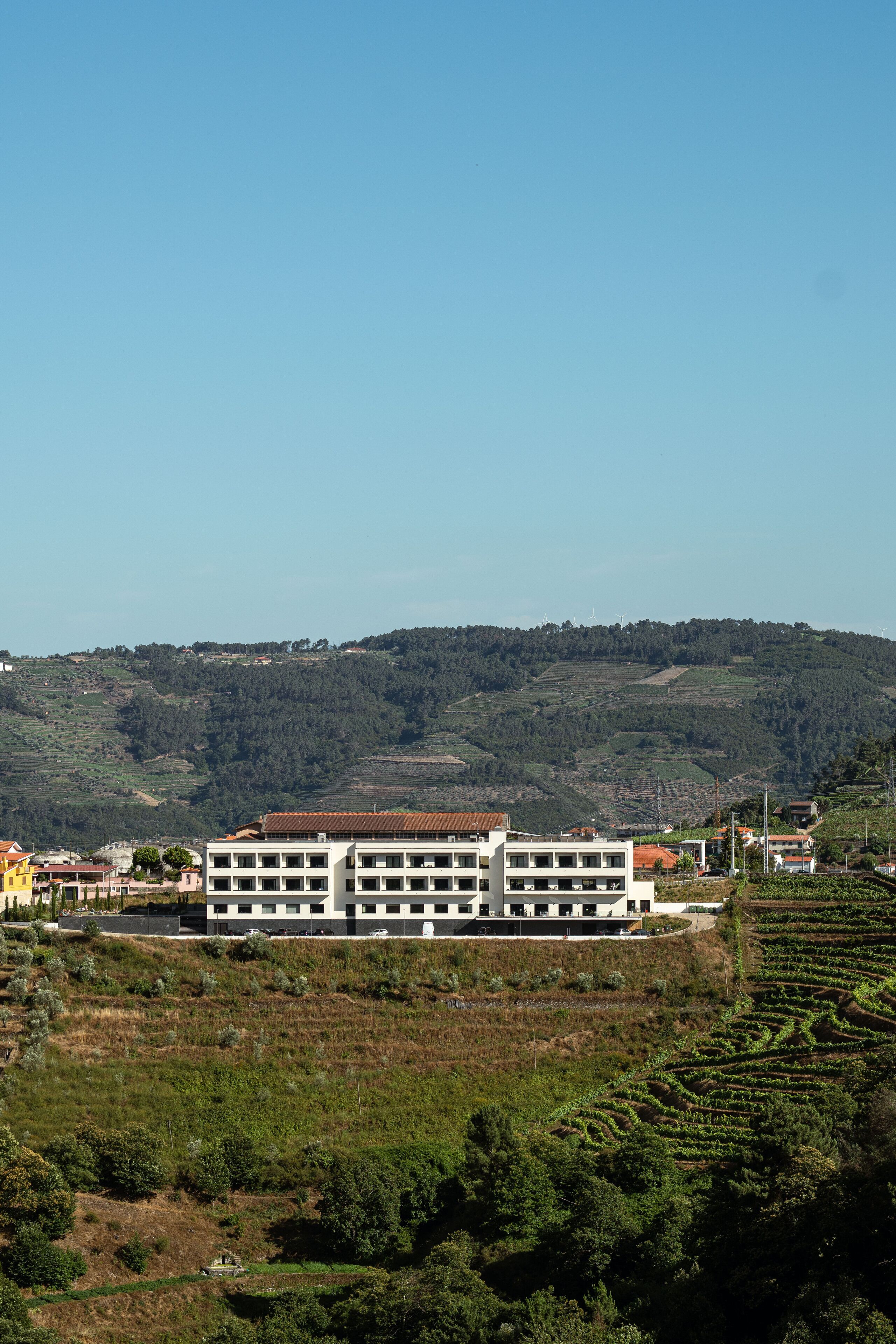 A modern building with a flat roof and multiple windows, surrounded by terraced vineyards and a hilly landscape.