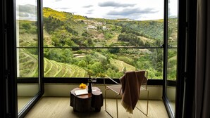 Une pièce dotée d’une grande fenêtre donnant sur un paysage verdoyant, avec des champs en terrasses et un petit village.