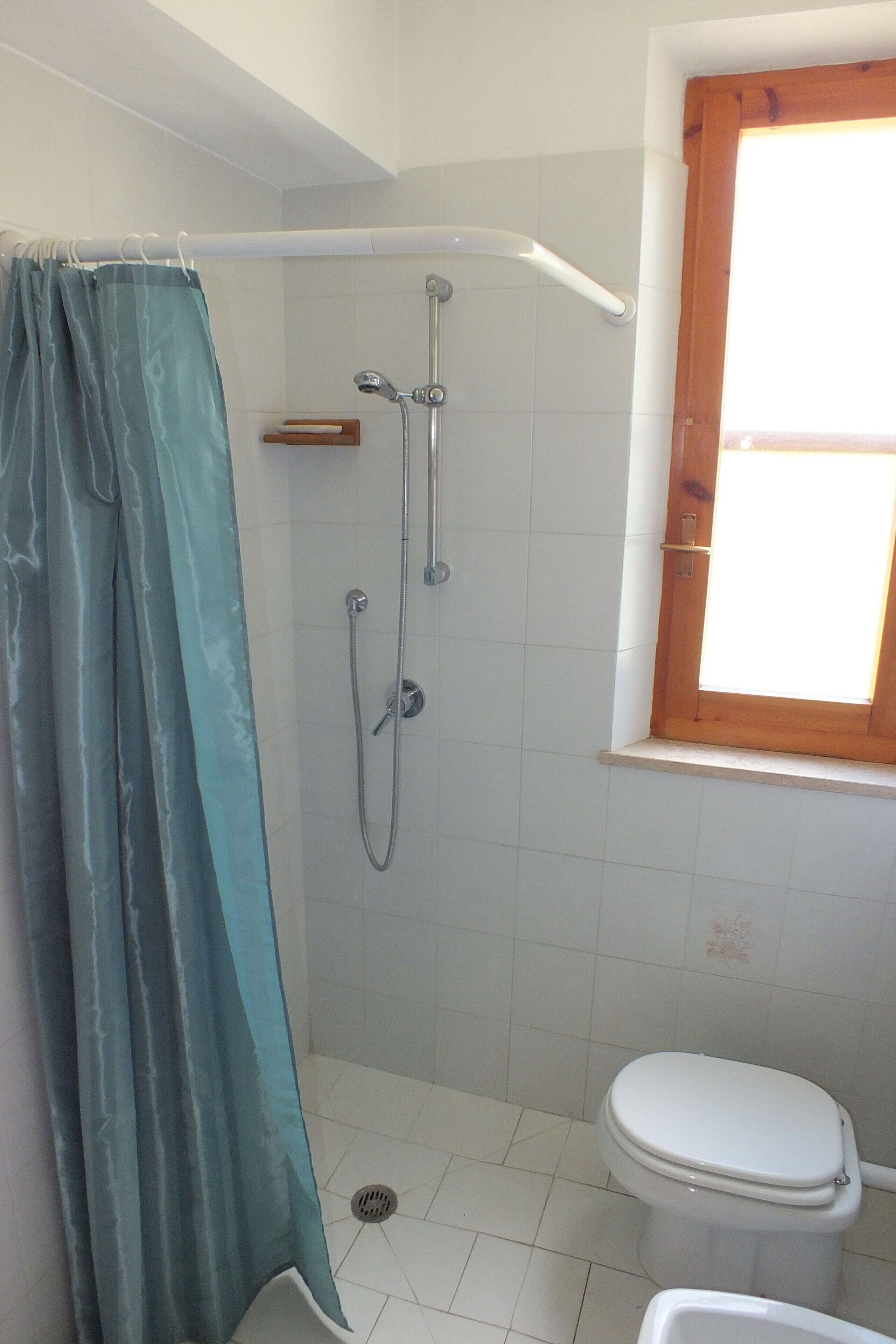 A bathroom with a shower, toilet, and a window.