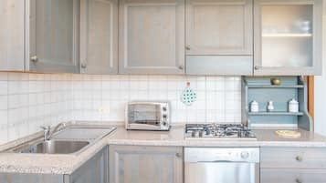 Fridge, stovetop, dishwasher, cookware/dishes/utensils