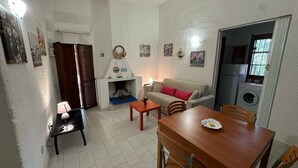 Un espace de vie compact comprenant un canapé, une table à manger, des chaises, une cheminée et un lave-linge.