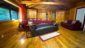 A wooden cabin interior with a leather sofa, a red couch, and a wooden floor. - Cozy secluded cabin with rock overhand and Wi-Fi (Rogers)