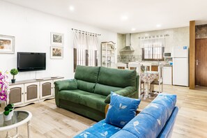 Una televisión, una chimenea