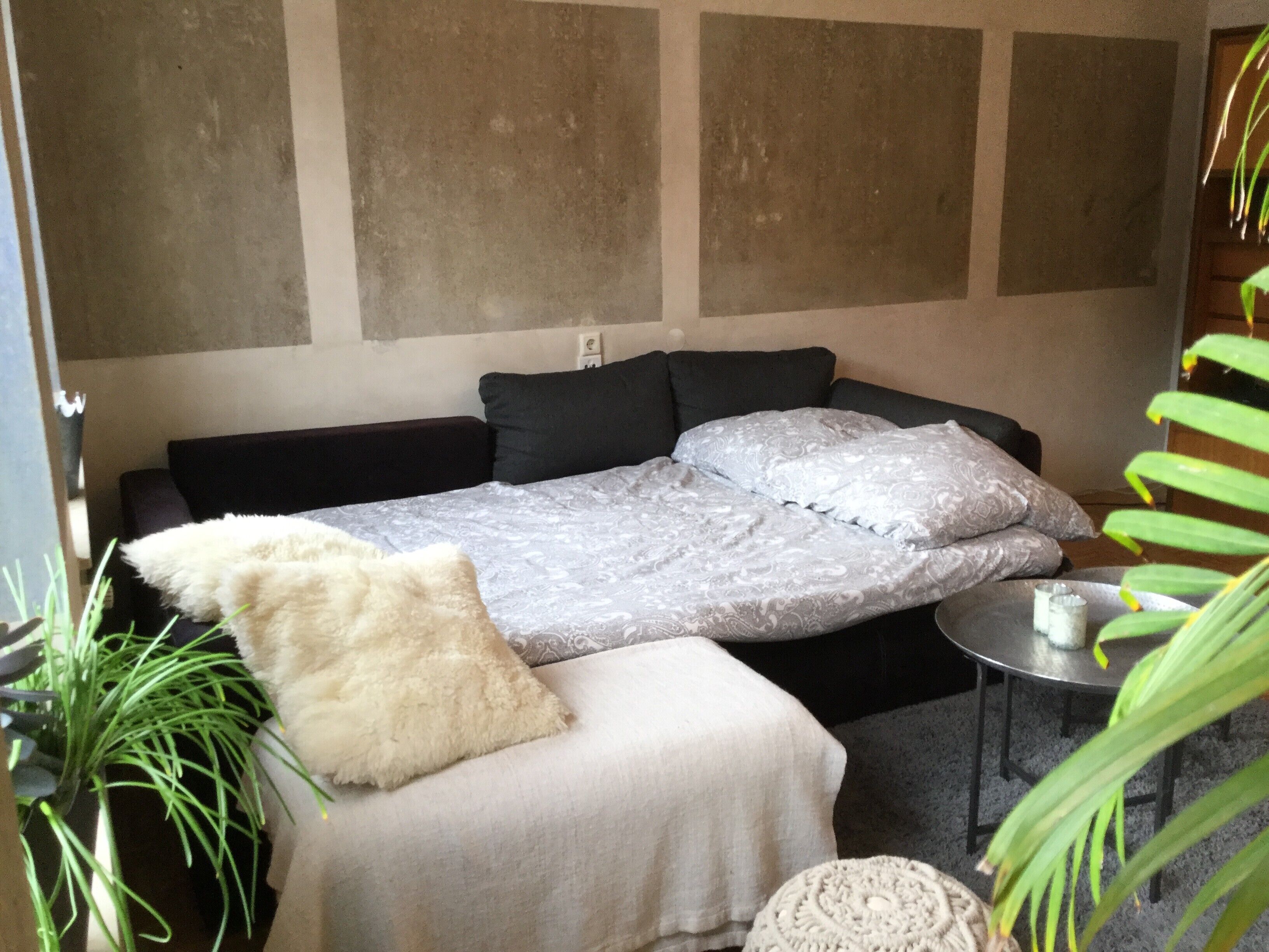 Una habitación con cama, una mesita y una planta en maceta.