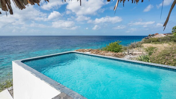 Ein Swimmingpool mit Blick auf den Ozean und einer überdachten Struktur mit Reetdach.