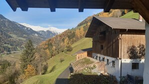 Une vue sur la montagne avec un bâtiment en bois, un chemin pavé et une voiture.