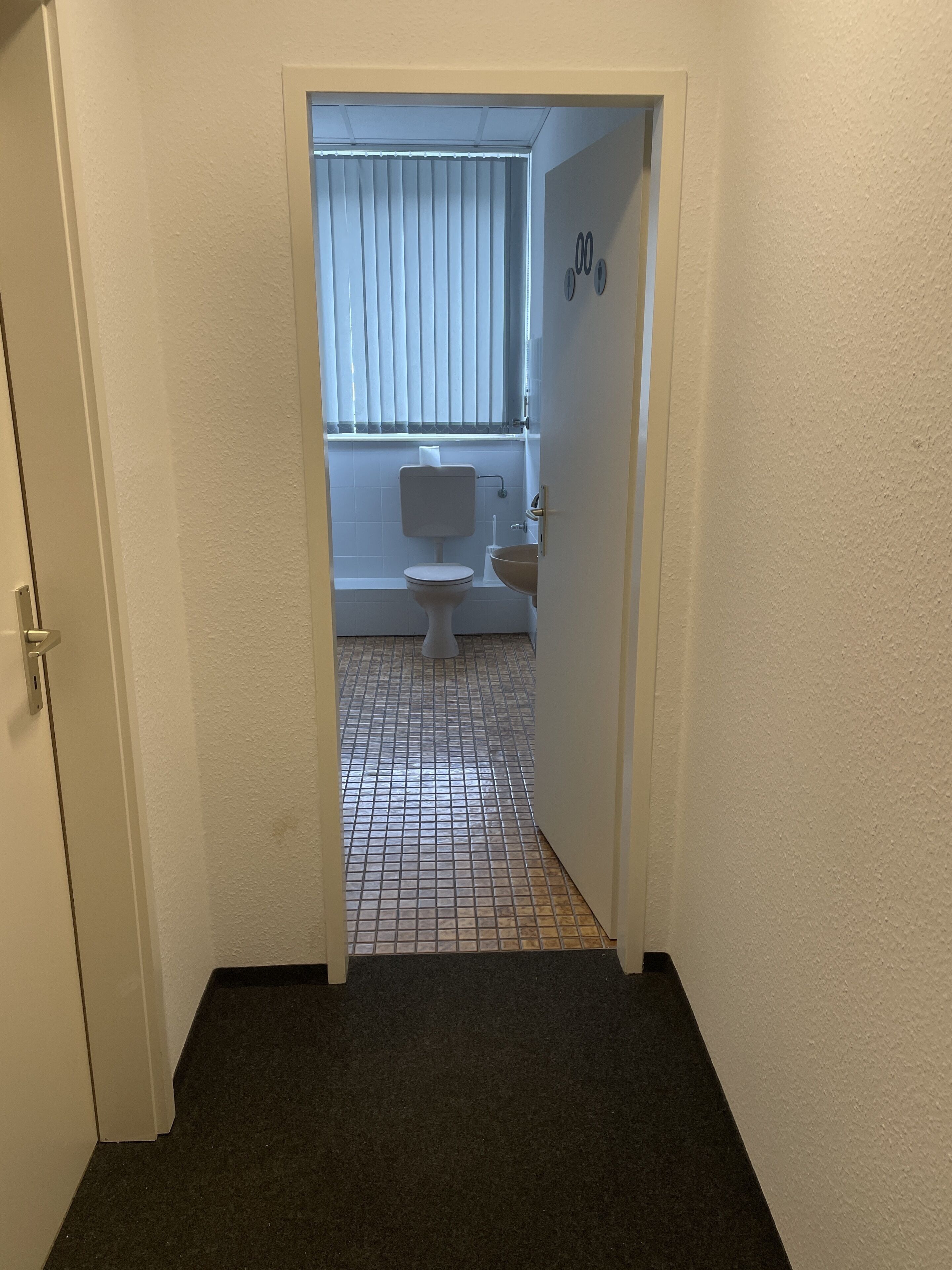 Ein schmaler Flur führt zu einem Badezimmer mit Toilette, Waschbecken und einem Fenster mit Jalousien.