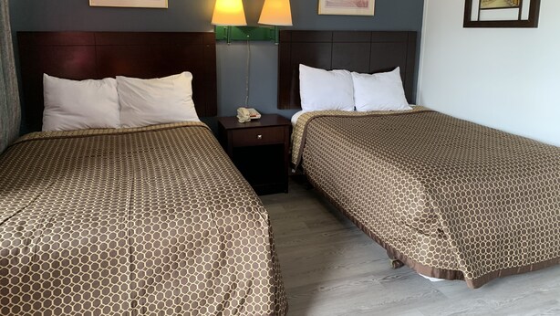 Habitación de hotel con dos camas, una mesita de noche, una lámpara y cuadros en las paredes.