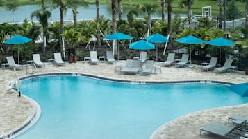 Outdoor pool, pool umbrellas, sun loungers