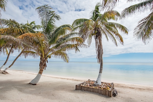 On the beach, white sand, sun loungers, beach towels