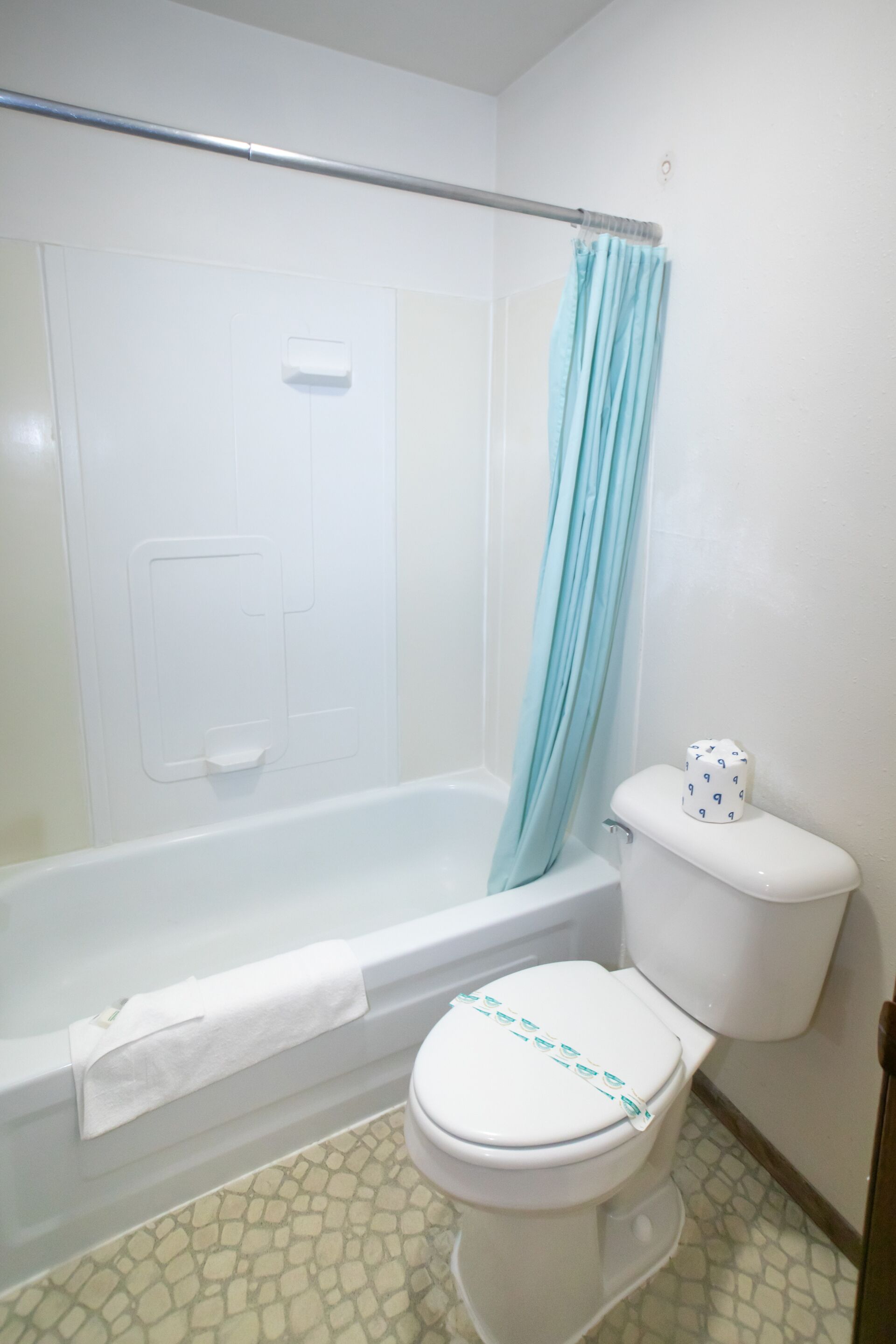 A bathroom with a bathtub, toilet, and a shower curtain.
