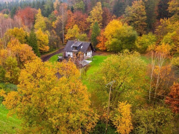 A house surrounded by autumn foliage.