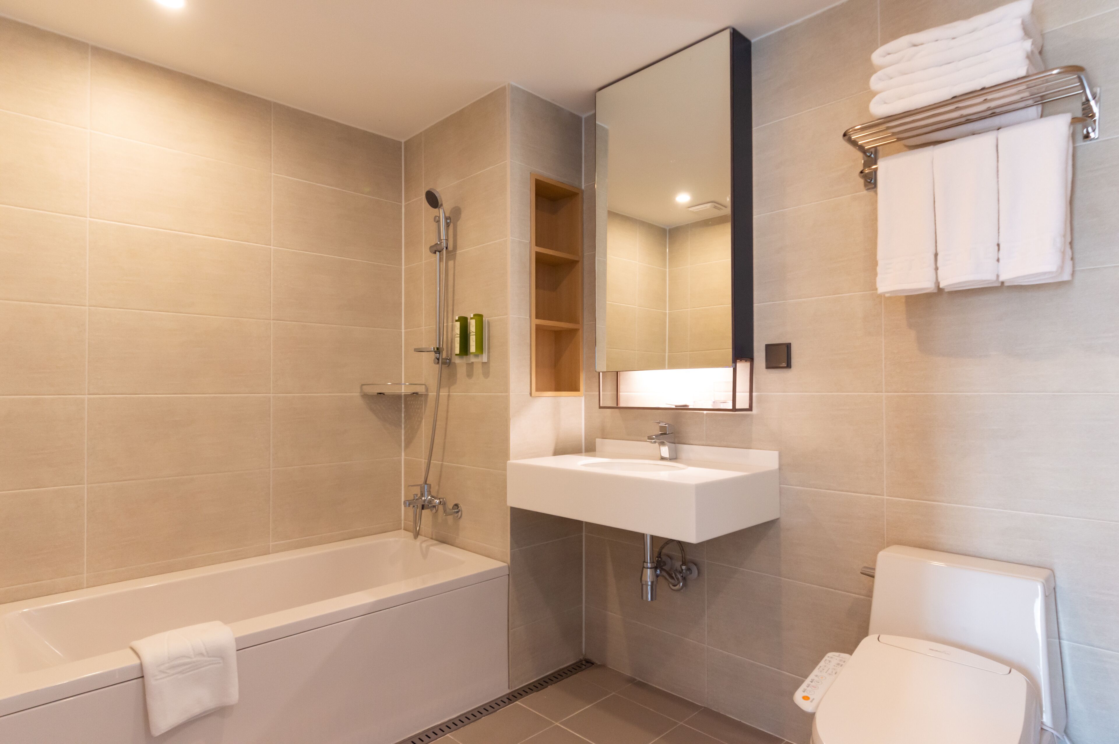 premier terrace family twin | bathroom | shower, eco-friendly toiletries, hair dryer, dressing gowns
